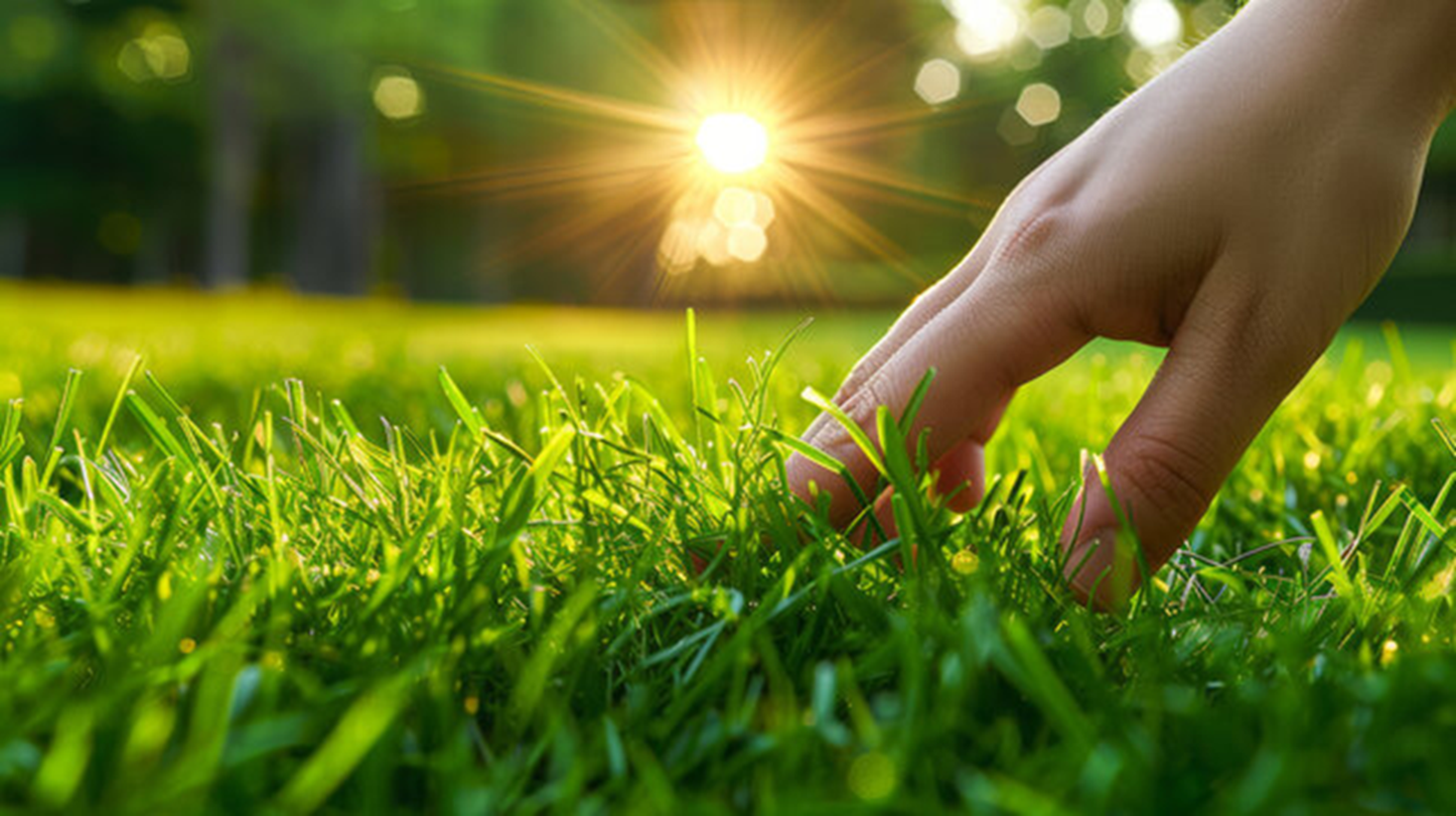 Touching grass with the sun shining through the trees